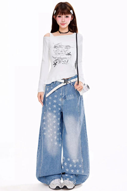 Retro Star Print Deconstructed Jeans