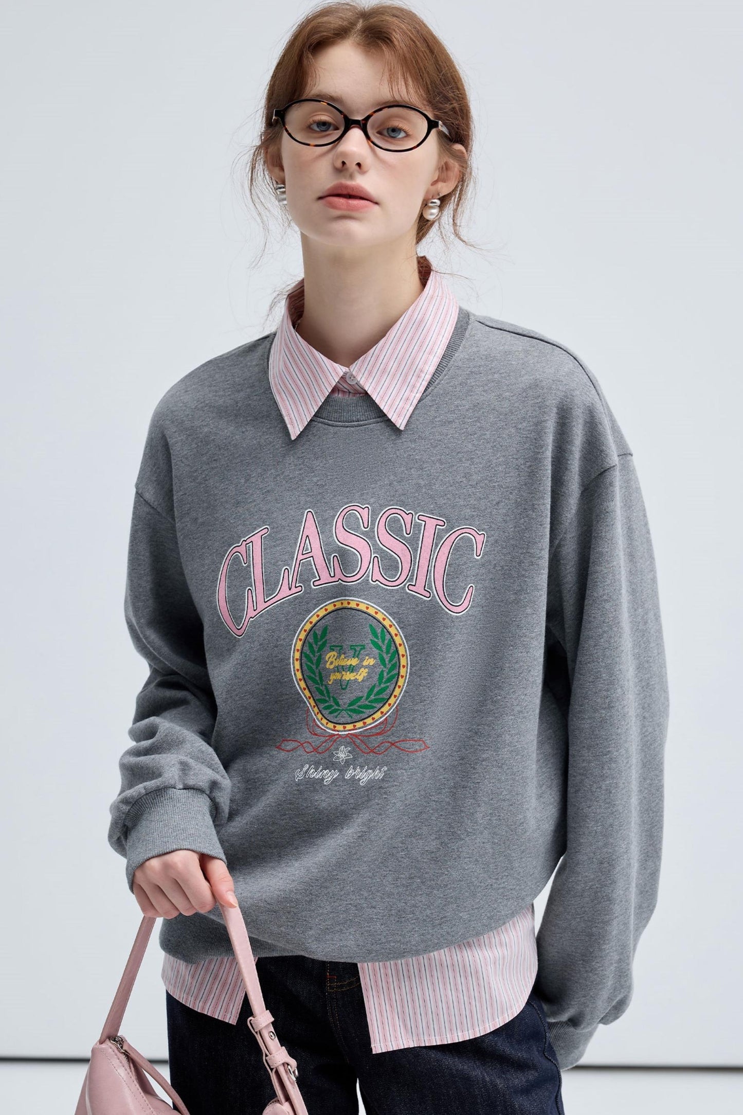 Retro Preppy Print Crew Neck Sweatshirt