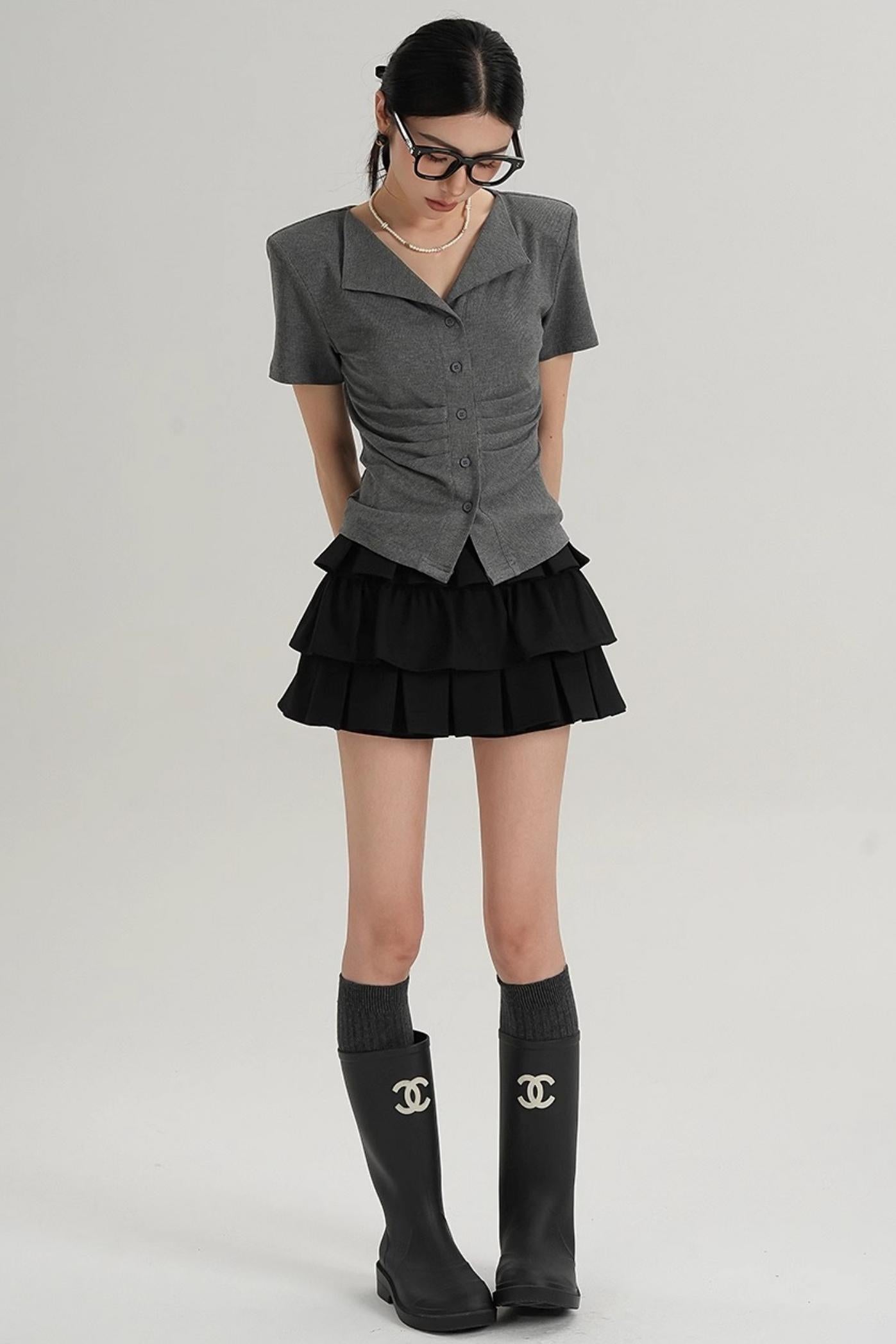 Pleated V-Neck Blouse