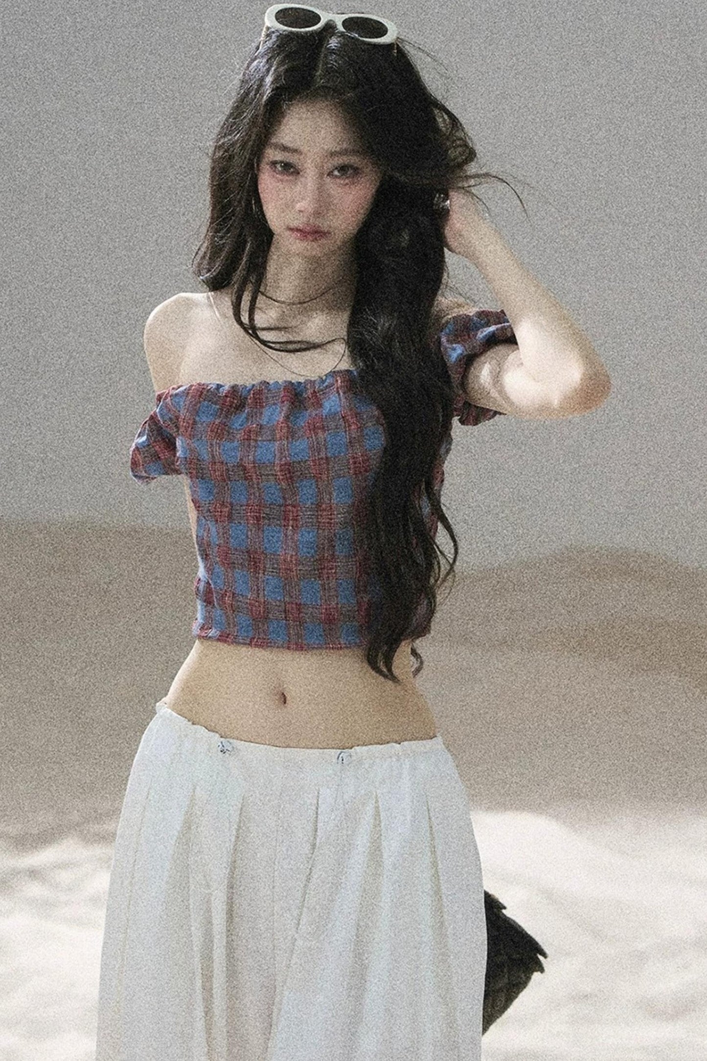 Youthful Plaid Off-Shoulder Top