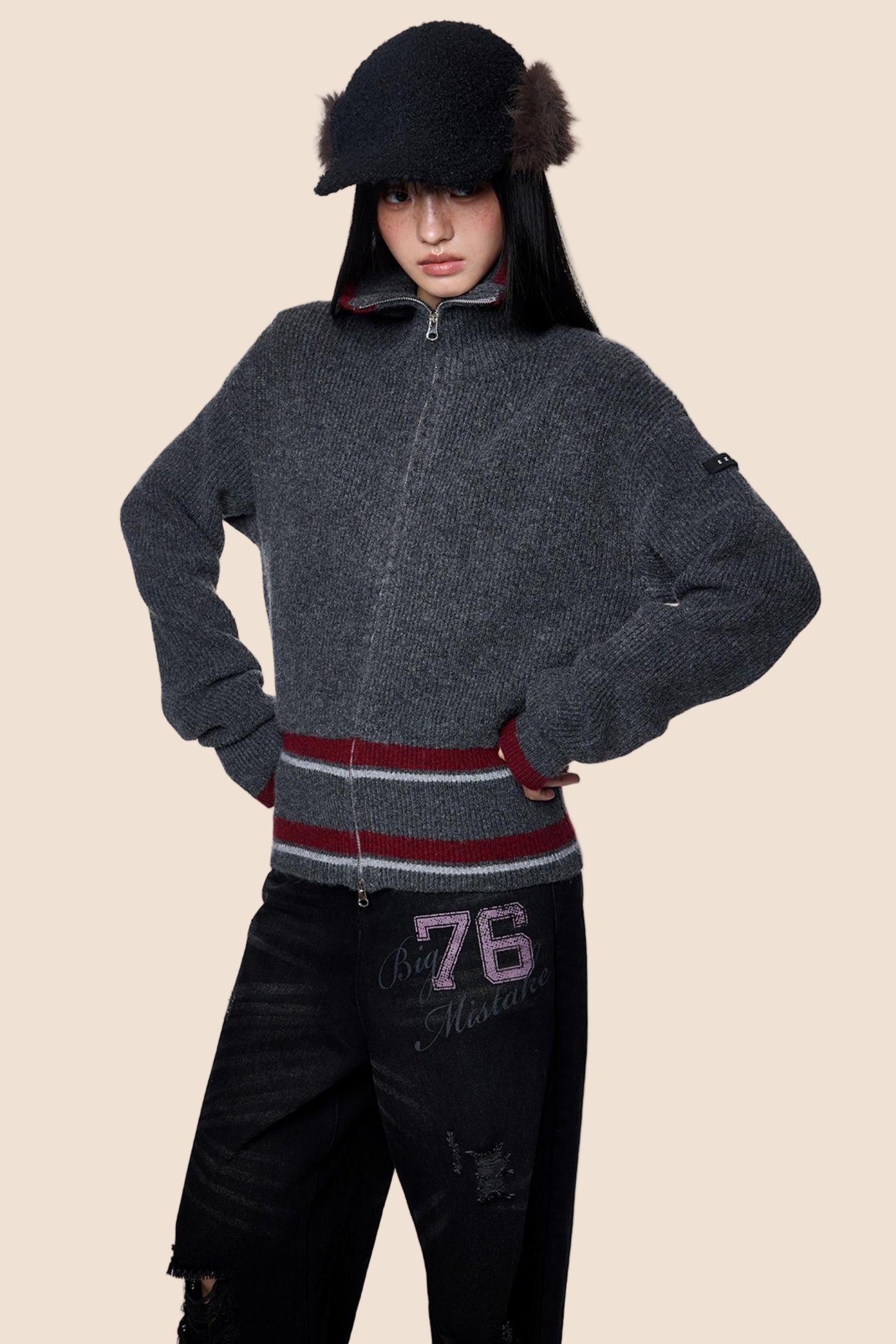 Stand Neck Stripe Sweater Jacket