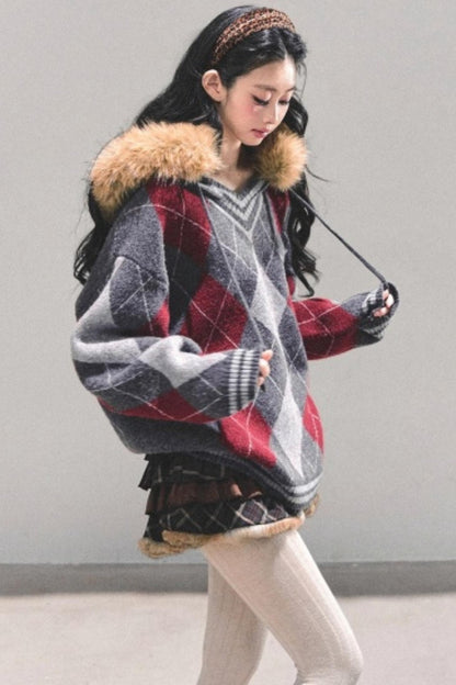 American College Style Fur Collar Sweater