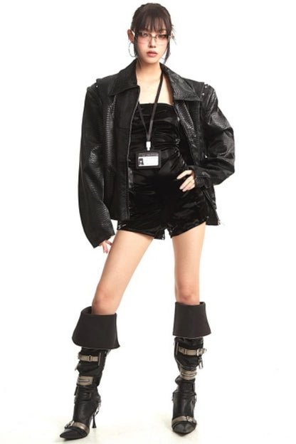 Retro Shoulder-Padded Leather Jacket