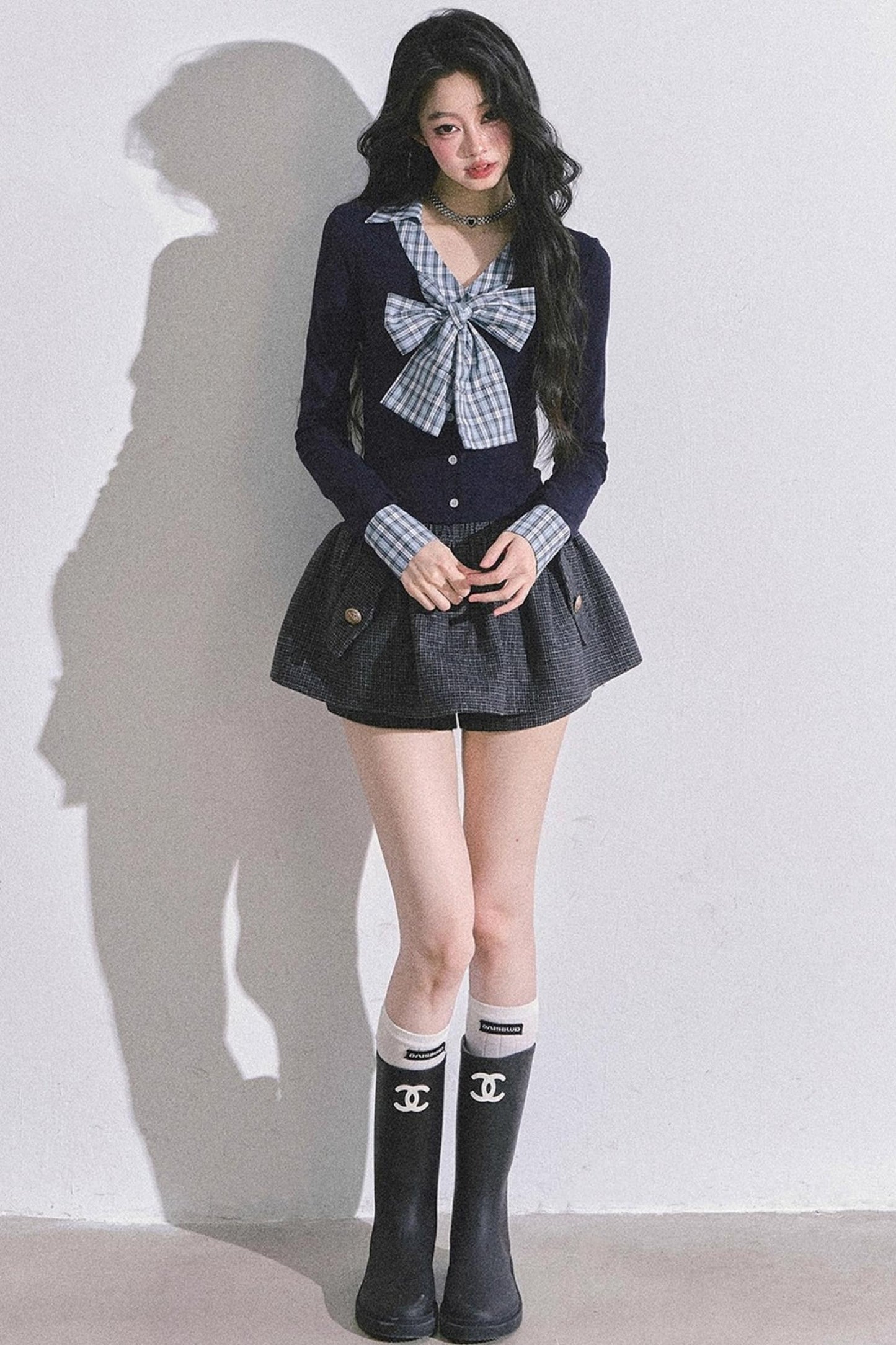 American Long-Sleeved Bow Plaid T-Shirt