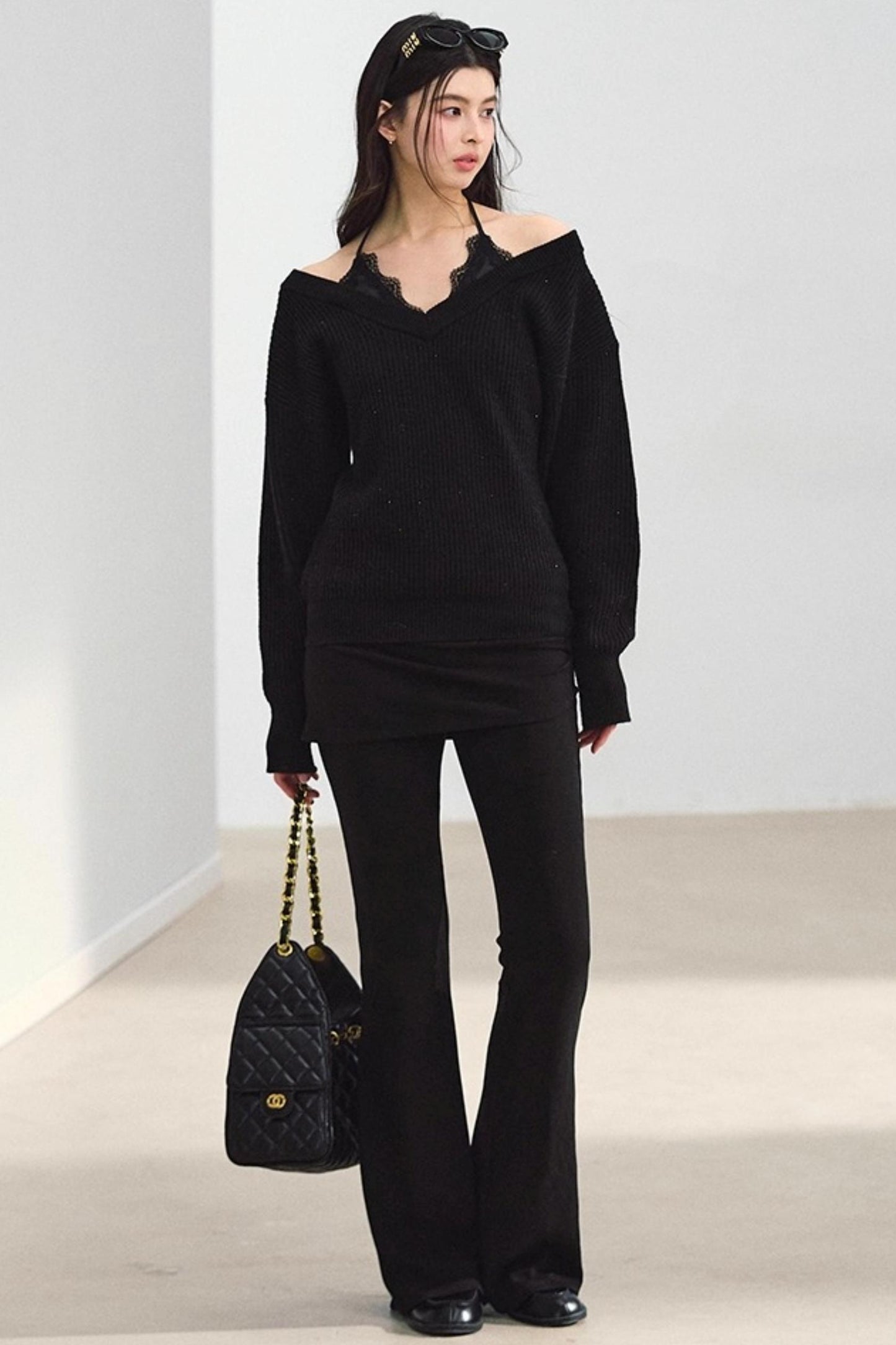 Off-Shoulder Black V-Neck Knit Sweater