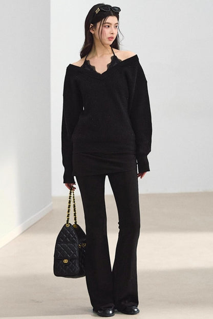 Off-Shoulder Black V-Neck Knit Sweater