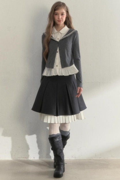College Navy Collar Top & Skirt Set-Up