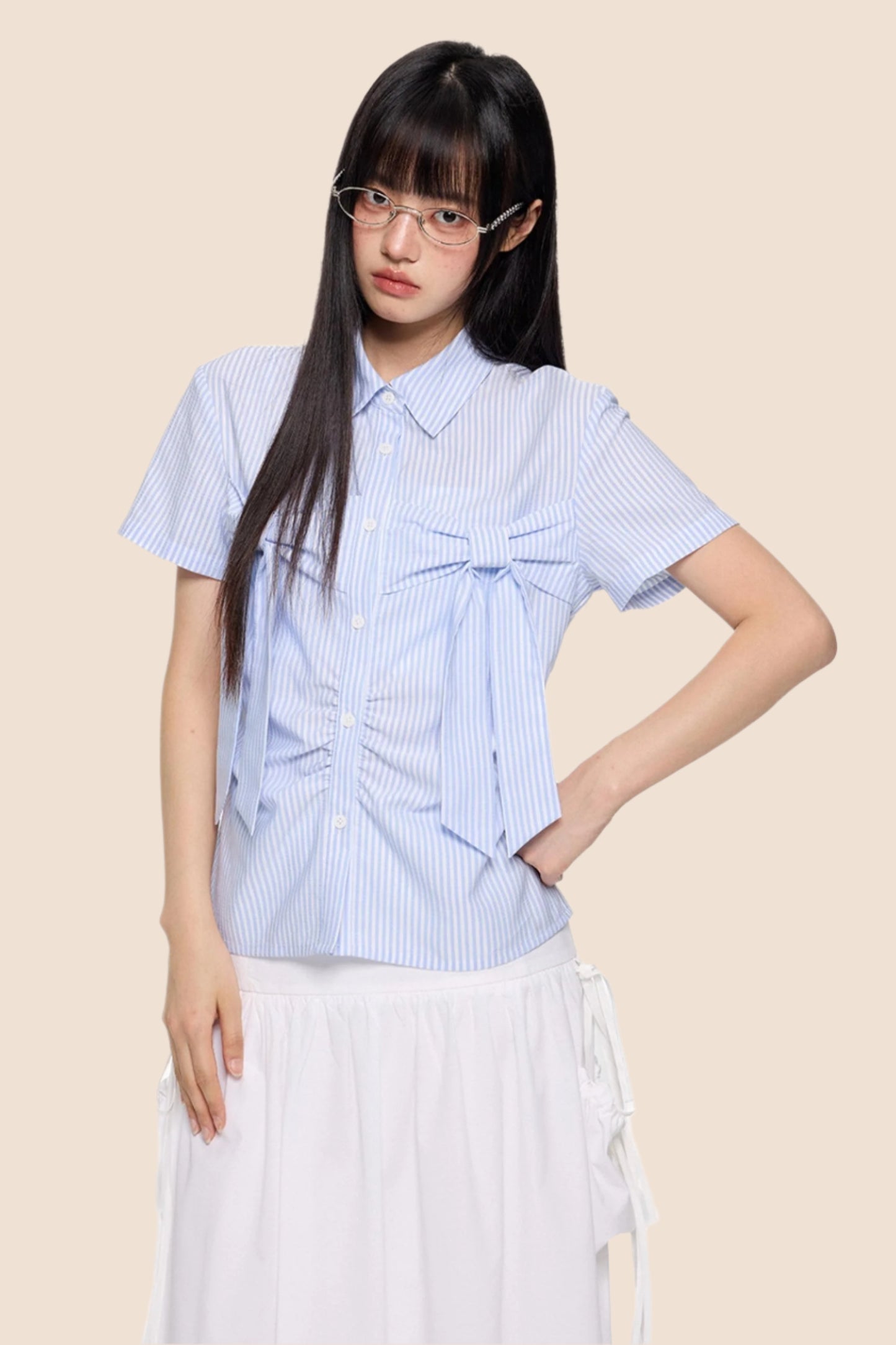 Light Blue Striped Bow Blouse