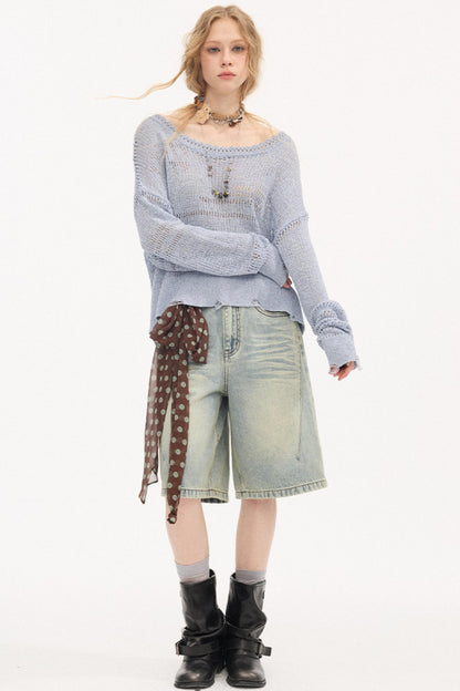 Distressed Denim Split Shorts