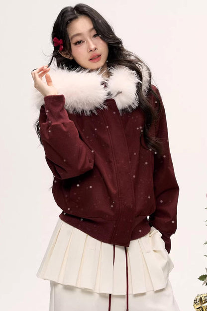 Burgundy Black Fur Collar Coat Set-Up