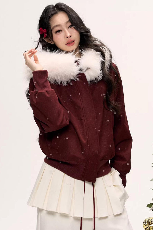 Burgundy Black Fur Collar Coat Set-Up
