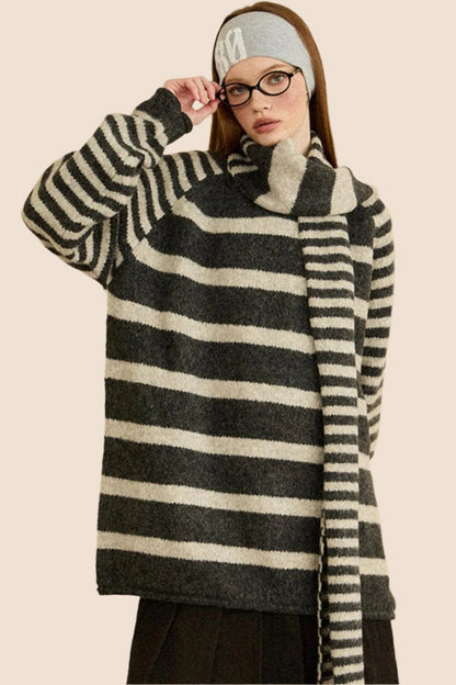 Thickened Striped Loose Knit Top Scarf Set