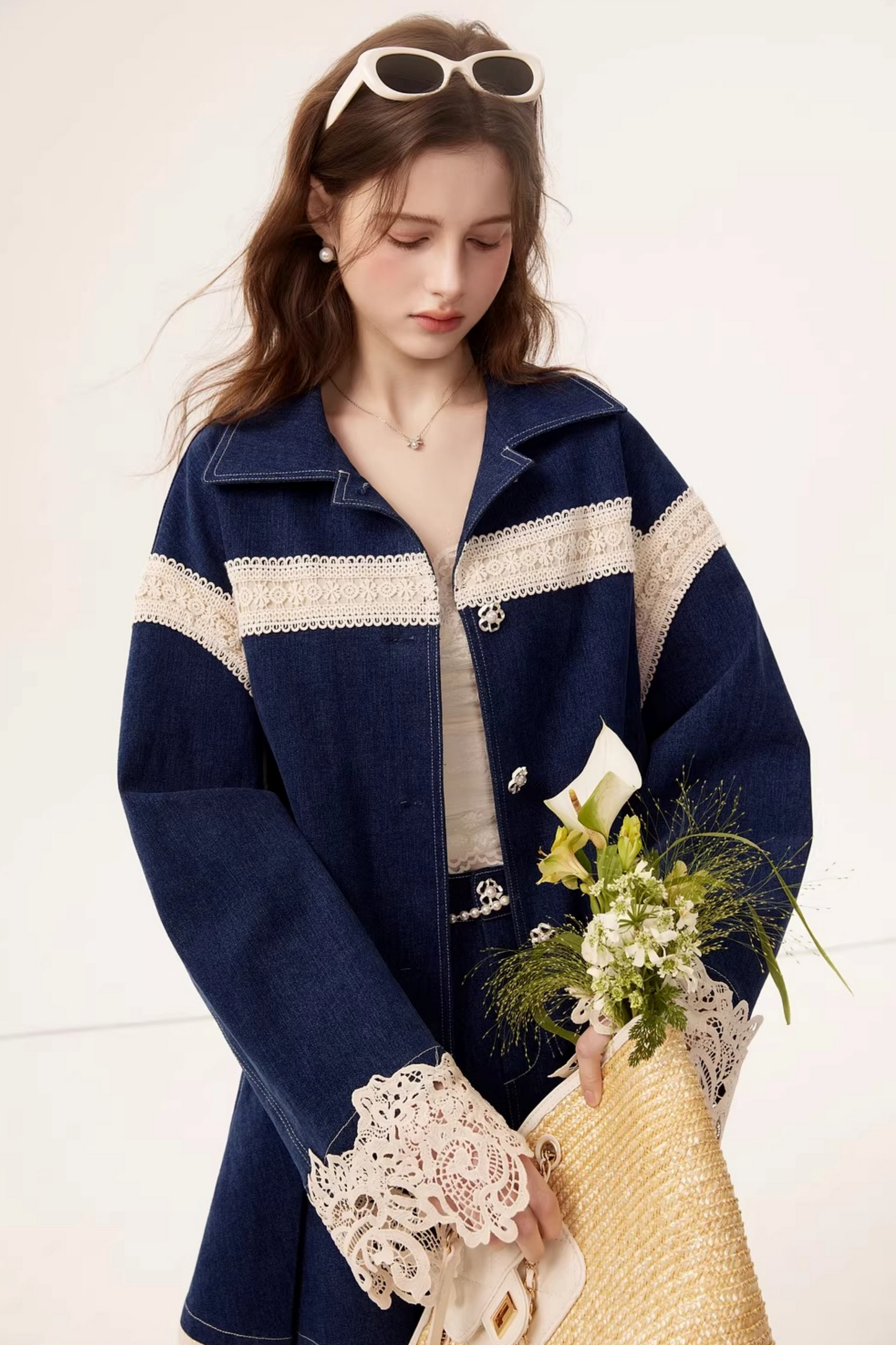 Retro Denim Lace Jacket Set