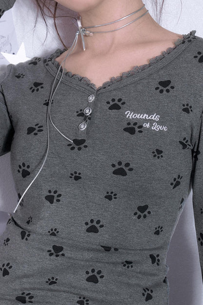 달콤한 강아지 프린트 V넥 티셔츠 