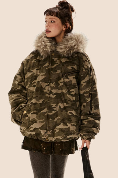 EZEK American Retro Army Green Camouflage Pelzkragen Kapuzenjacke Thickened Cotton Jacket Women's Winter New Jacket Cotton Jacket