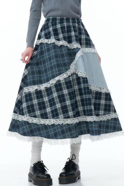 Niche Design Plaid Lace Patchwork Skirt