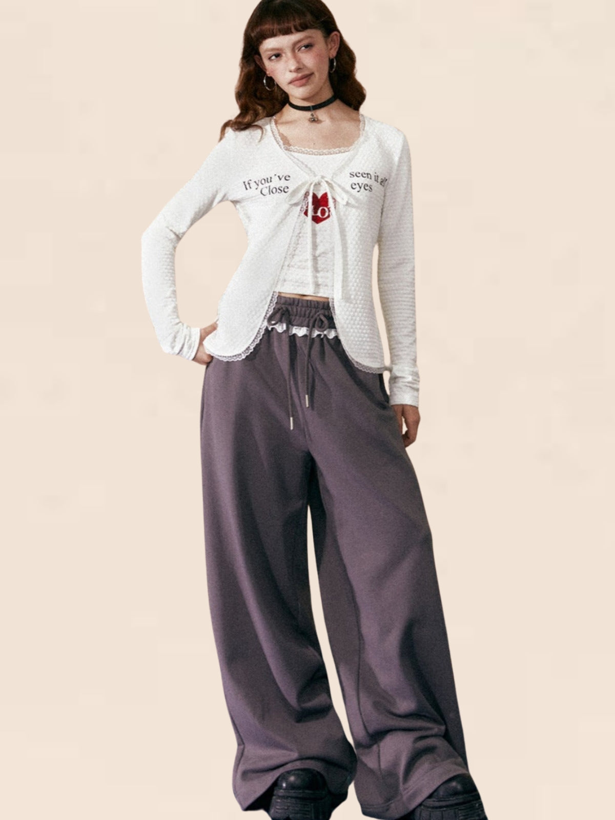 White Trim waist Long Loose Pants