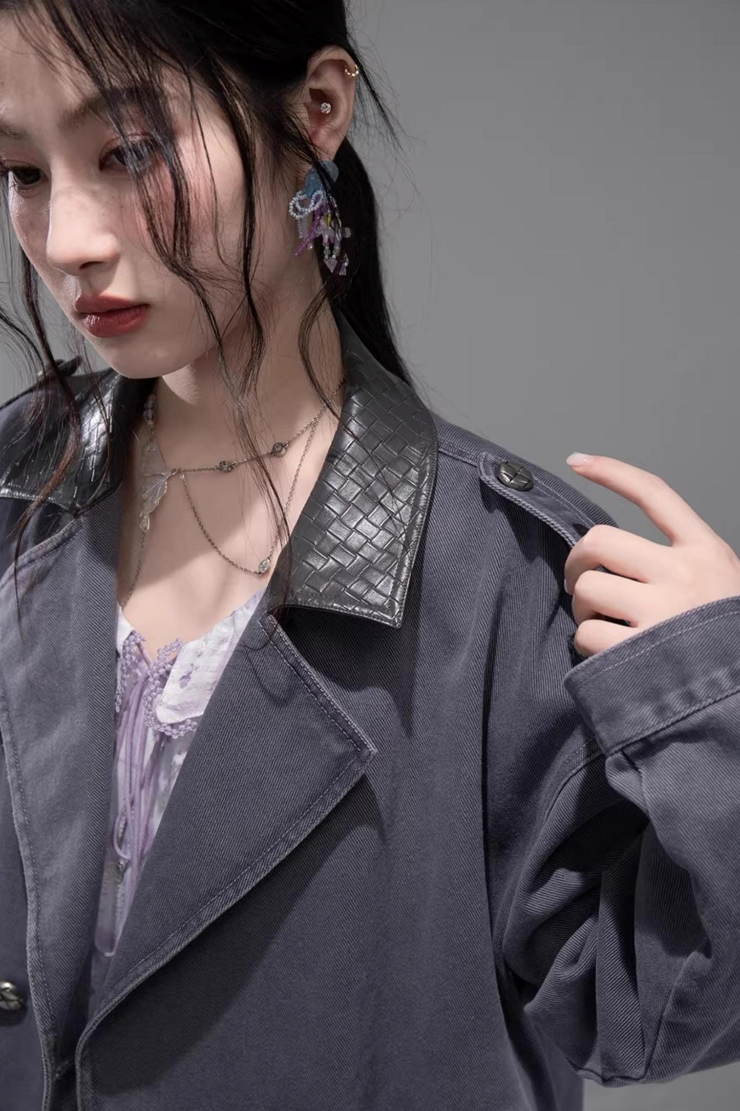 Ink Gray Leather Patchwork Jacket