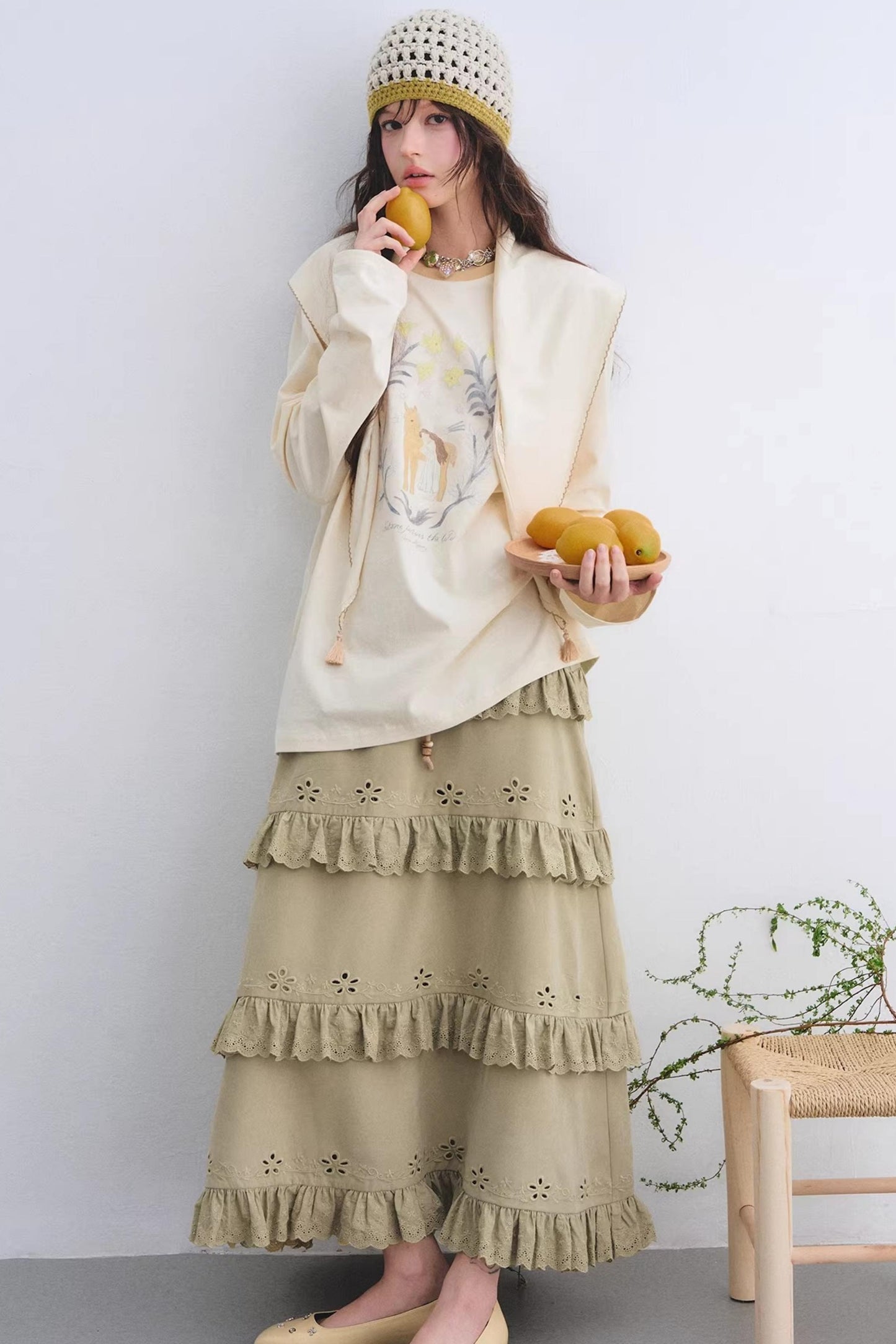 Vintage Lace Embroidery Skirt Set-Up