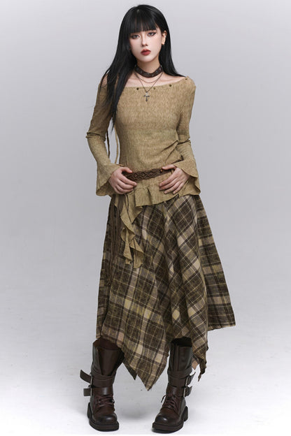 Beautiful Blue Plaid A-Line Skirt & Belt Set