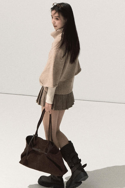 Wool Twist Knit Cape Sweater Top Skirt Set-Up