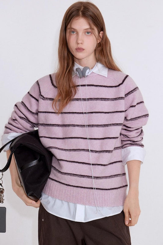 Wool Blend Striped Knit Pullover Sweater