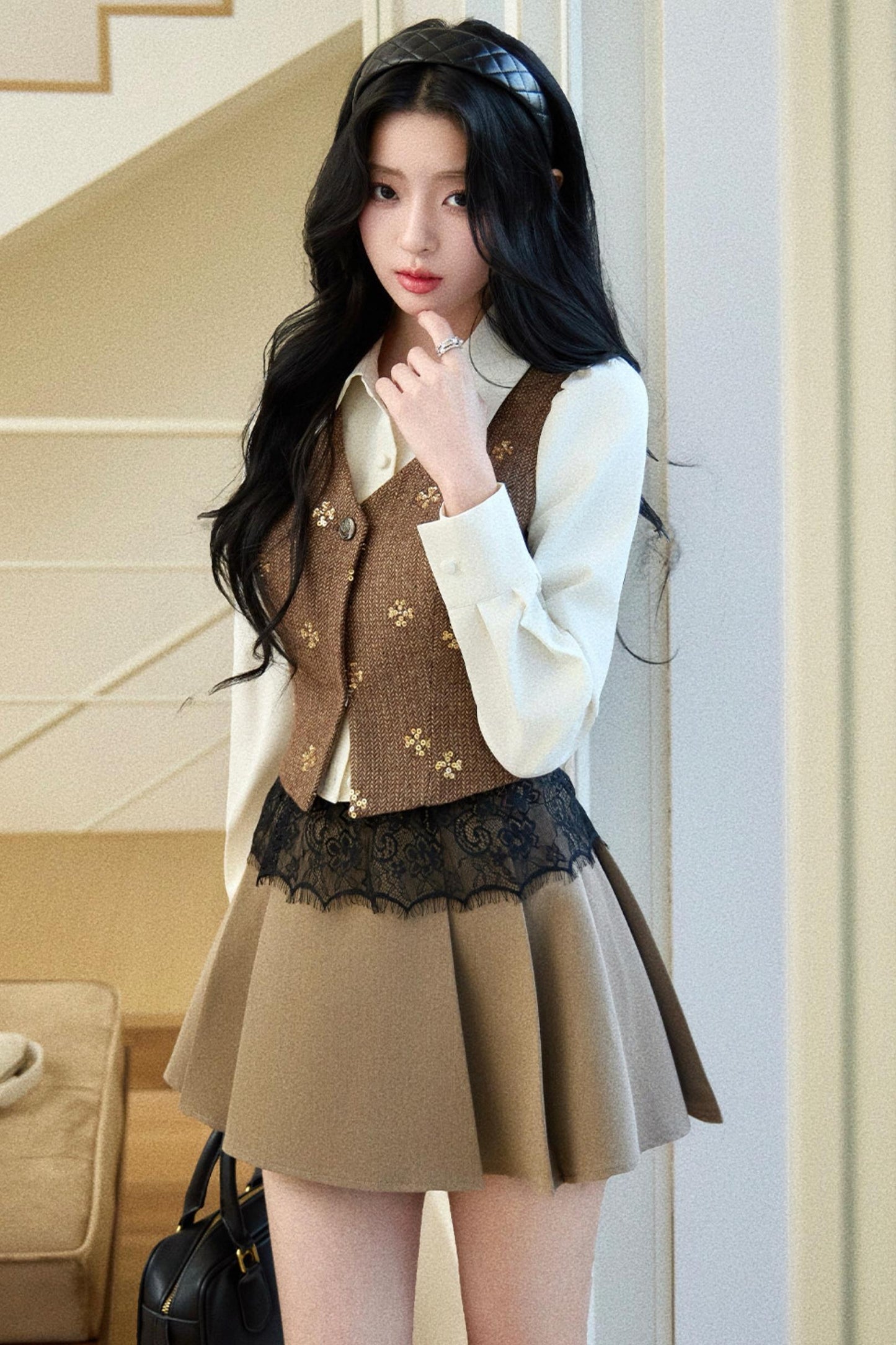 Embroidered Beaded Faux Two-Piece Shirt Set-Up