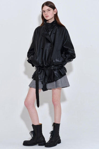 Fashionable Lace-Up Leather Jacket