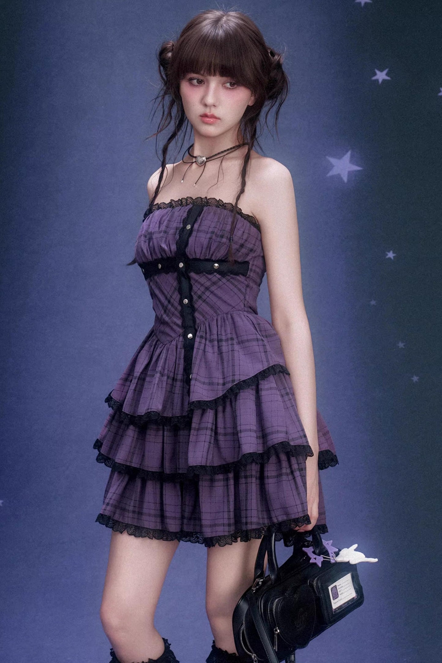 Grape Purple Plaid Strapless Dress Set