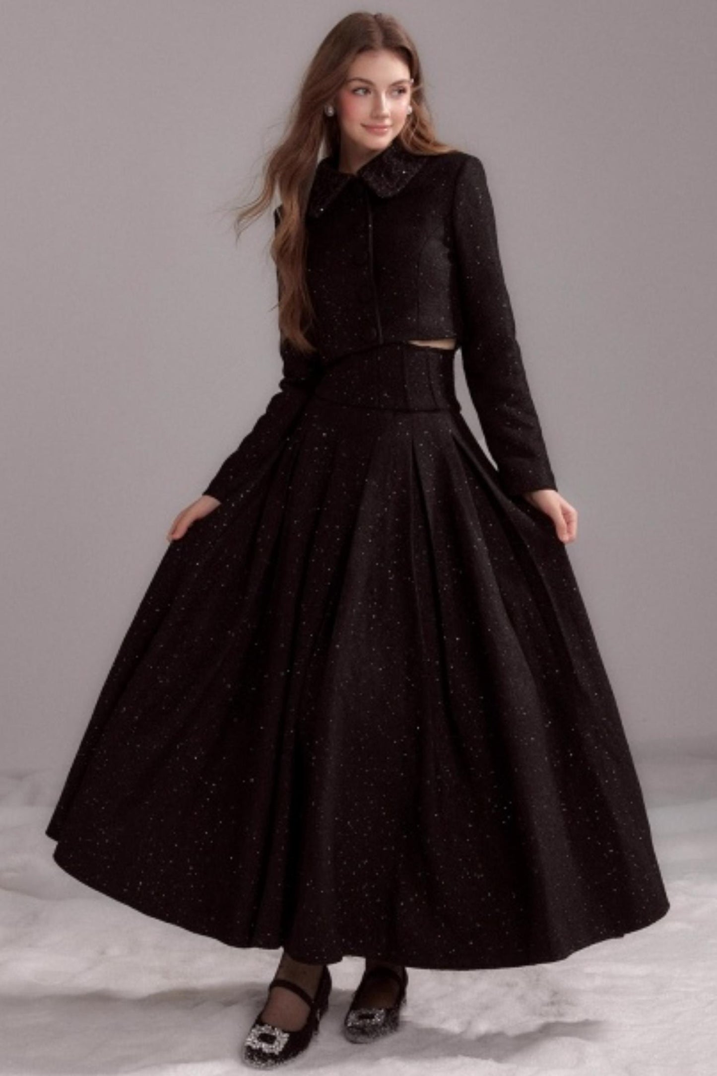 Thin Glitter Lapel Top & Pleated Skirt Set-Up