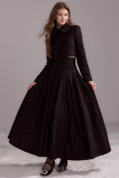 Thin Glitter Lapel Top & Pleated Skirt Set-Up