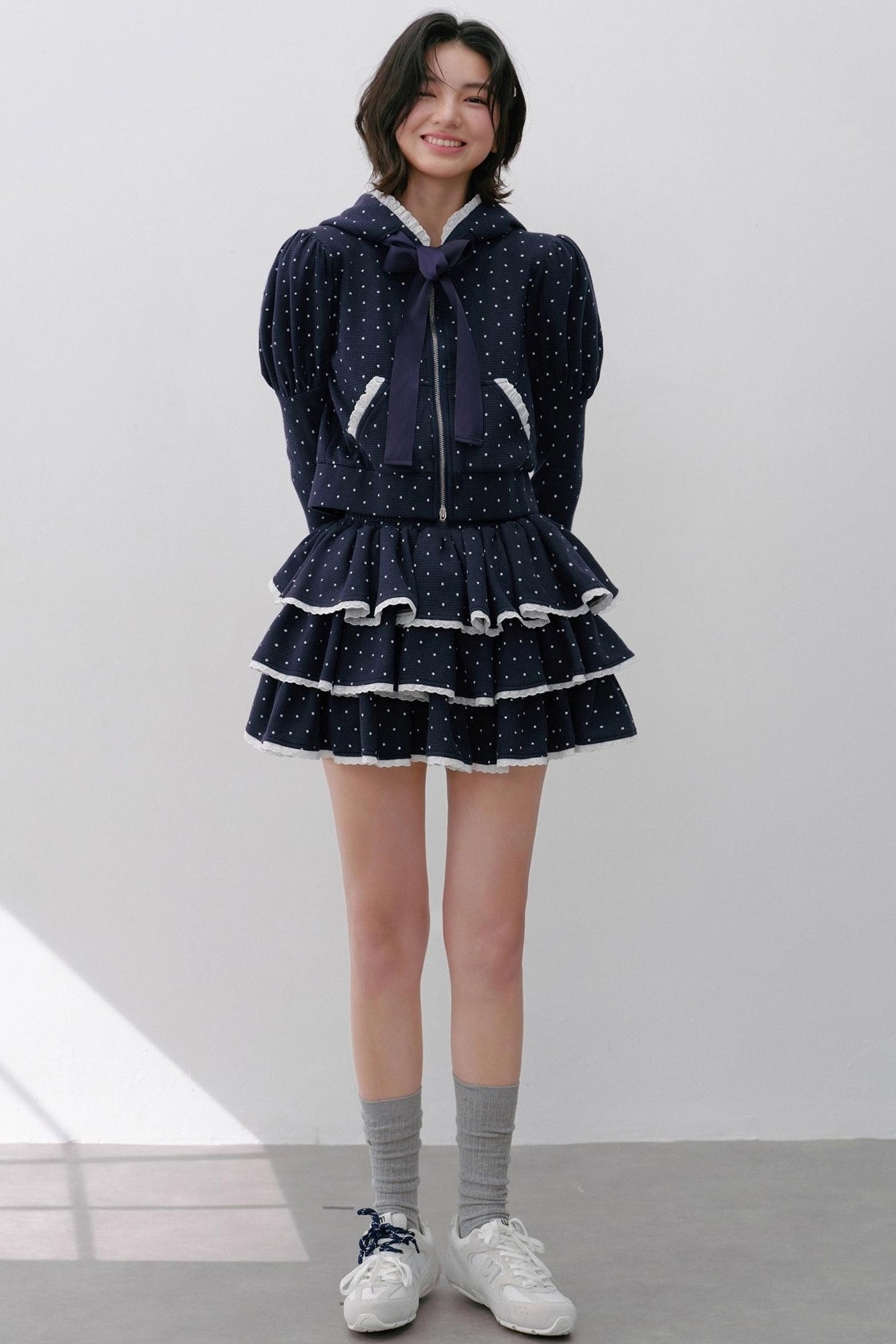 Hooded Polka Dot Tracksuit Skirt Set-Up