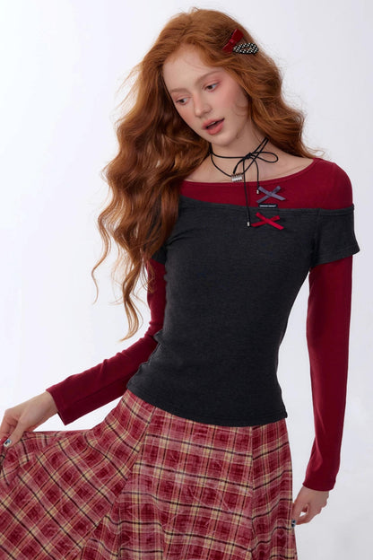 Retro Design Bow Top Long Sleeve T-Shirt