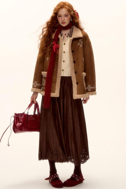 Embroidered Shearling Wool Jacket Set-Up