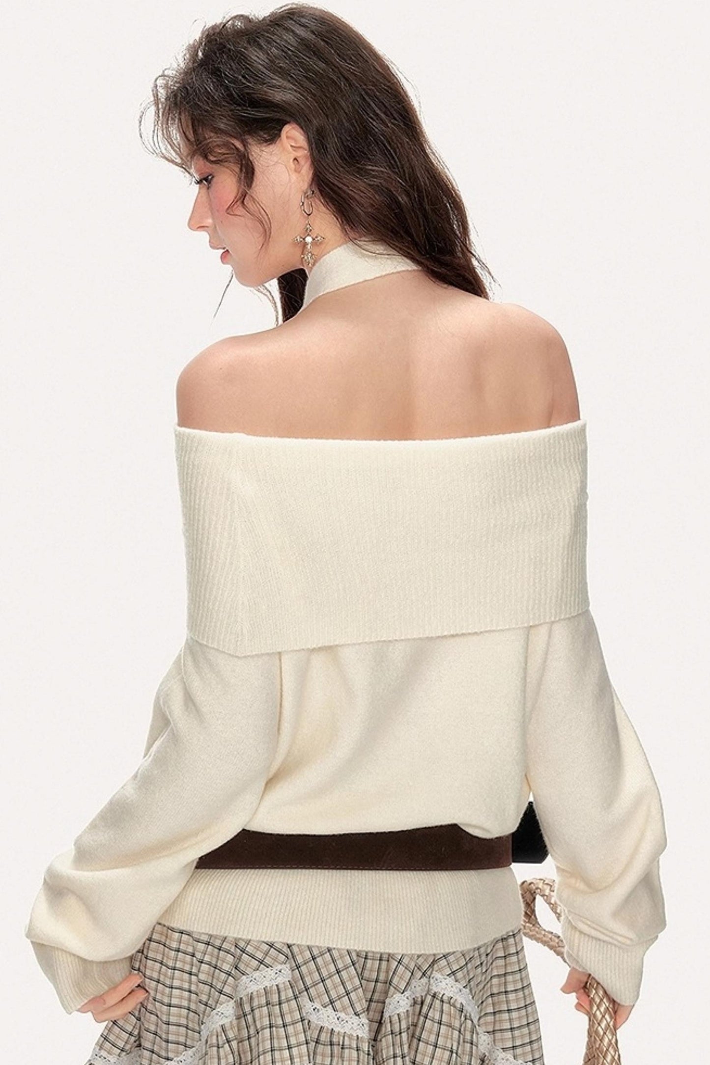 French Sweet One-Shoulder Halterneck Sweater
