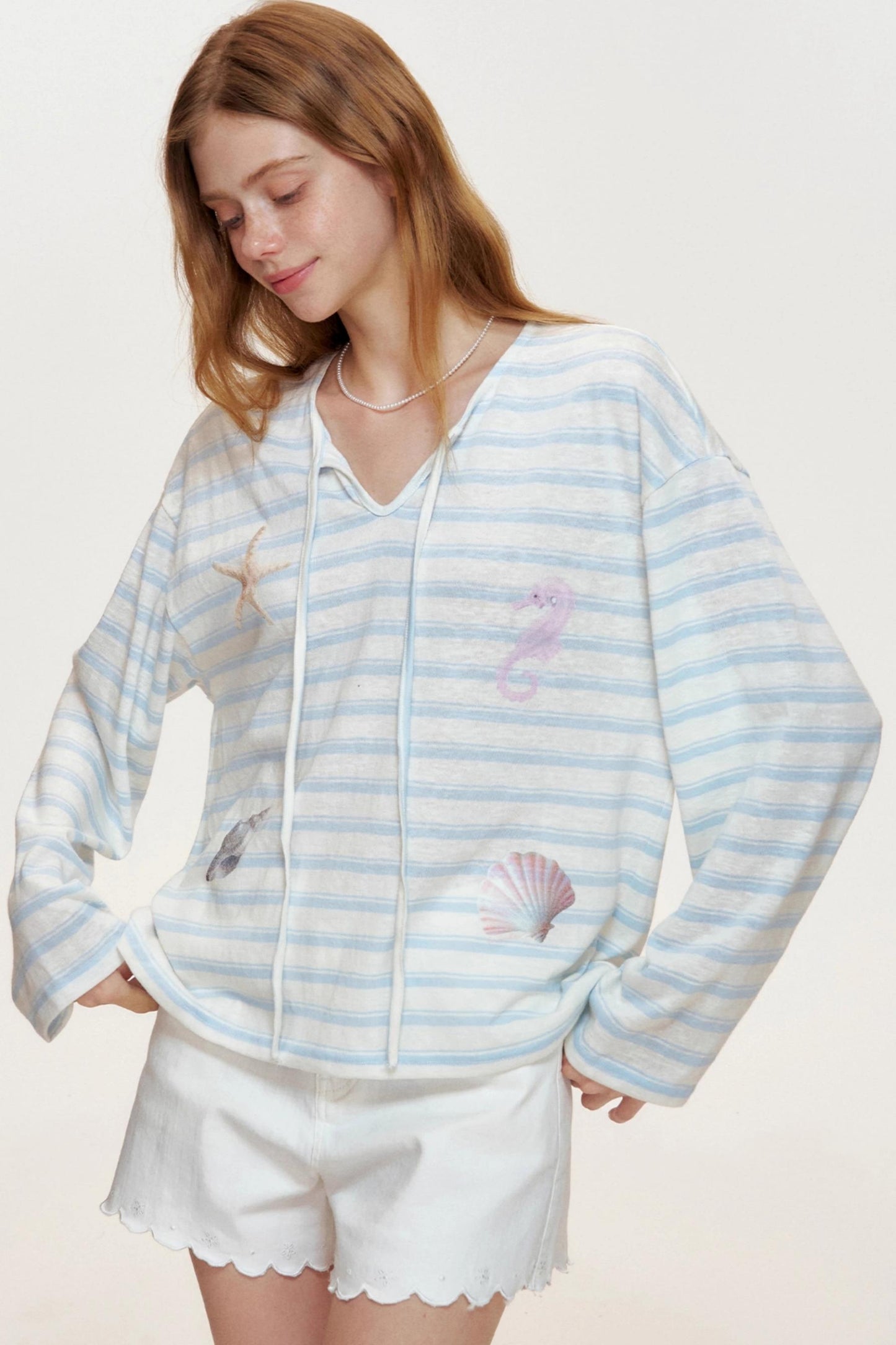 Blue Ocean Shell Starfish Lace-up Smock Shirt
