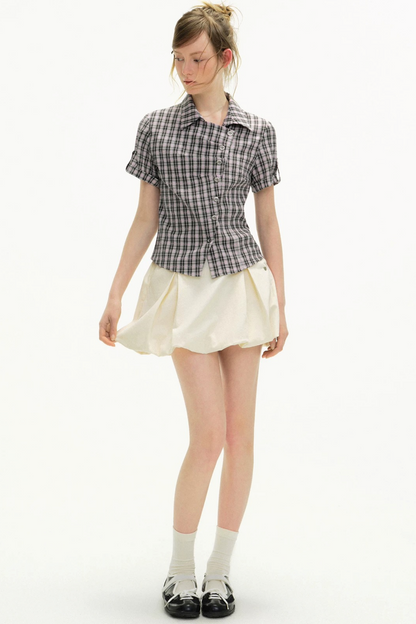 Diagonal Placket Plaid Blouse