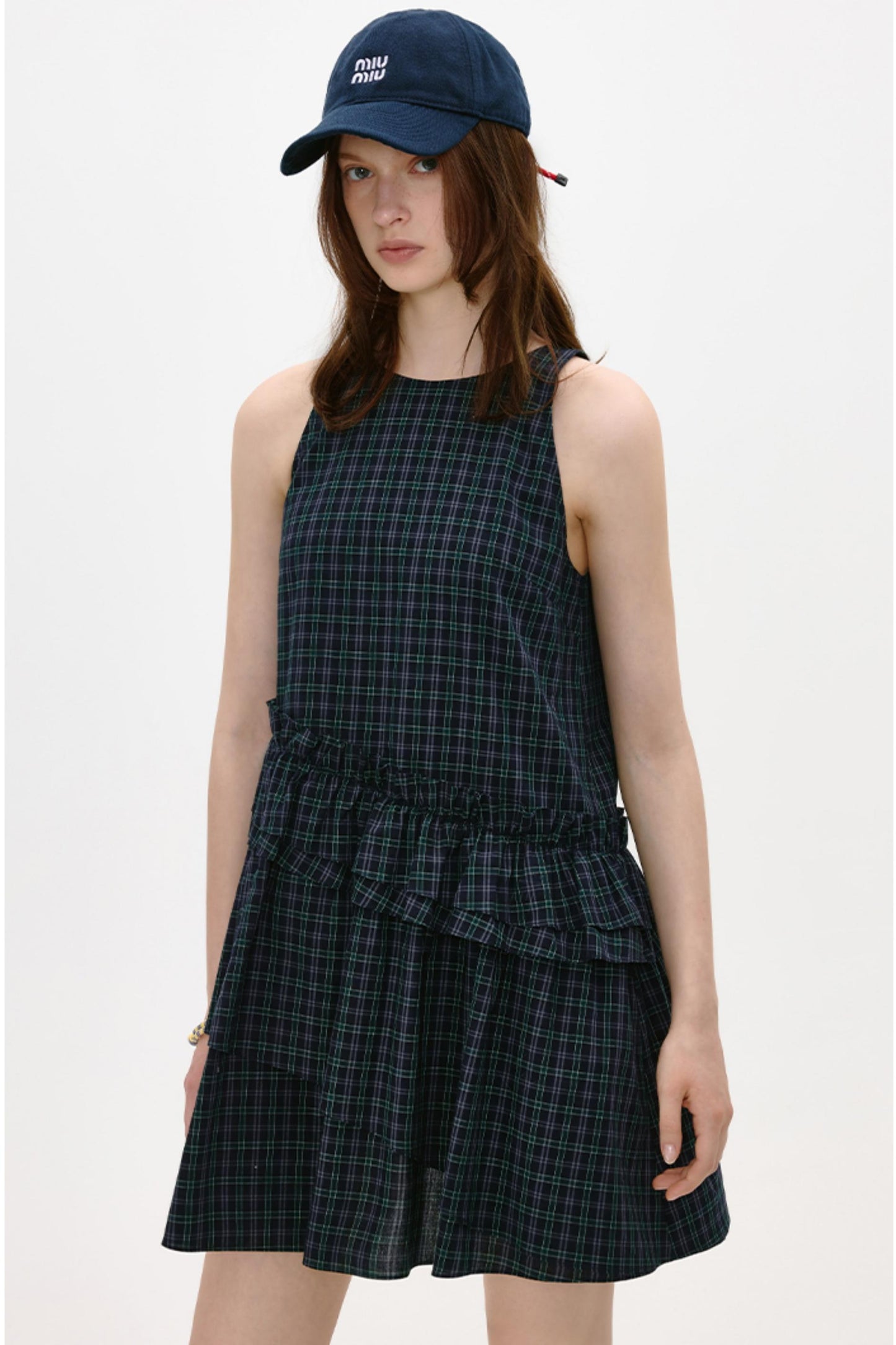 Irregular Plaid Ruffled Vest Dress