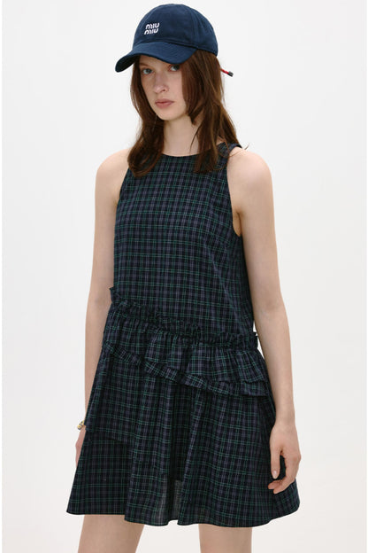 Irregular Plaid Ruffled Vest Dress