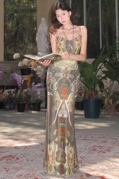 프린트 리본 피쉬테일 원피스