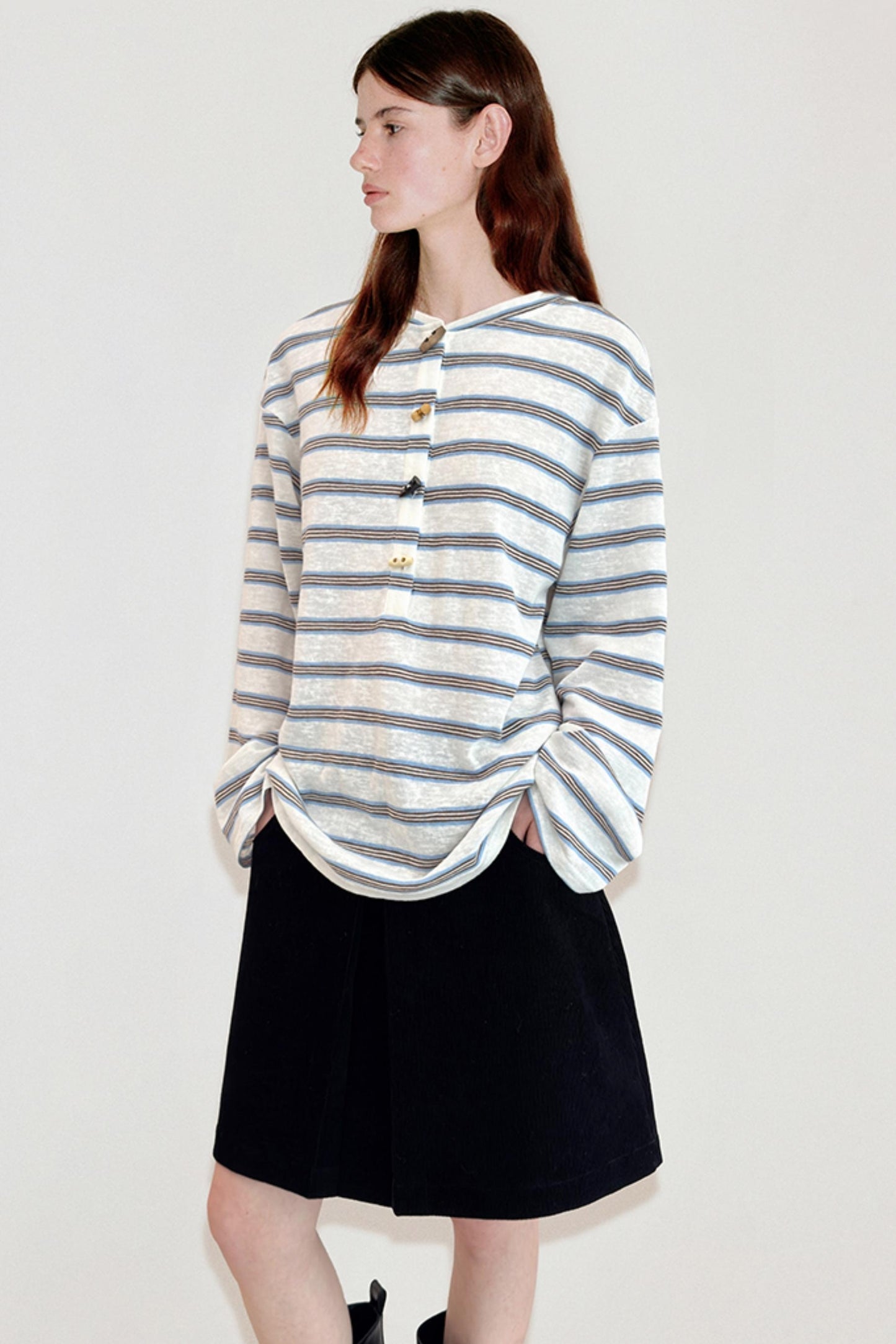 Horn Button Striped Long Sleeve T-Shirt