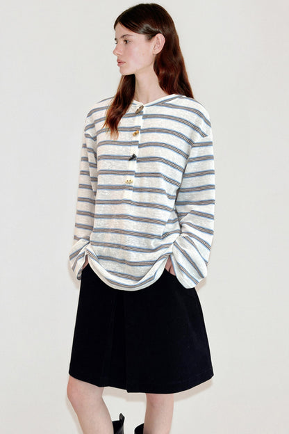 Horn Button Striped Long Sleeve T-Shirt