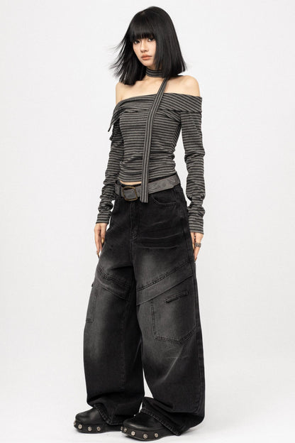 American Spice Girl Striped One-Shoulder Top