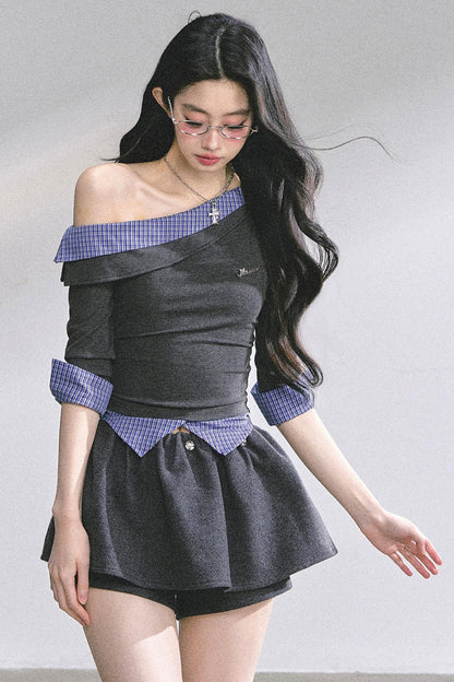 Gray Tone Slanted Shoulder Plaid T-shirt