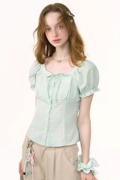 Plaid Bubble Sleeve Blouse