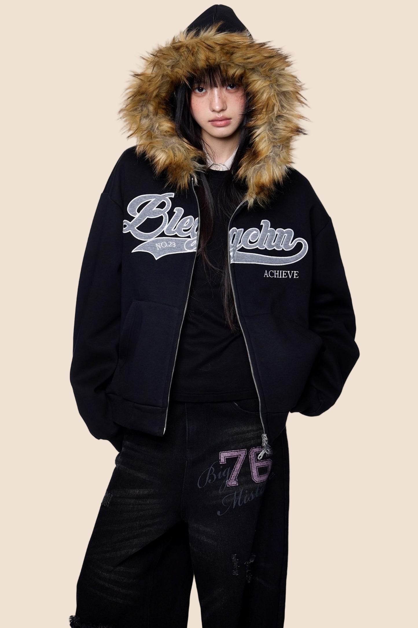 Embroidered Fur Collar Hooded Cardigan