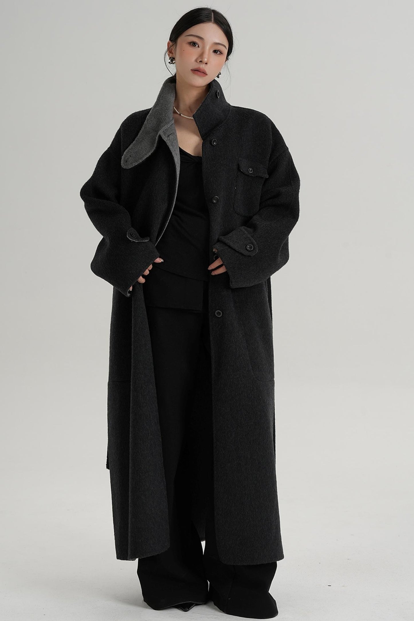 Temperament Design Color-Blocking Woolen Coat