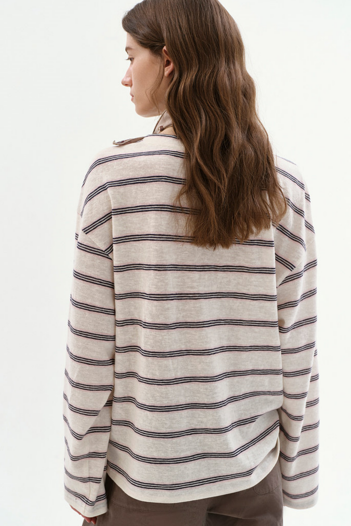 Horn-Button Striped Blouse