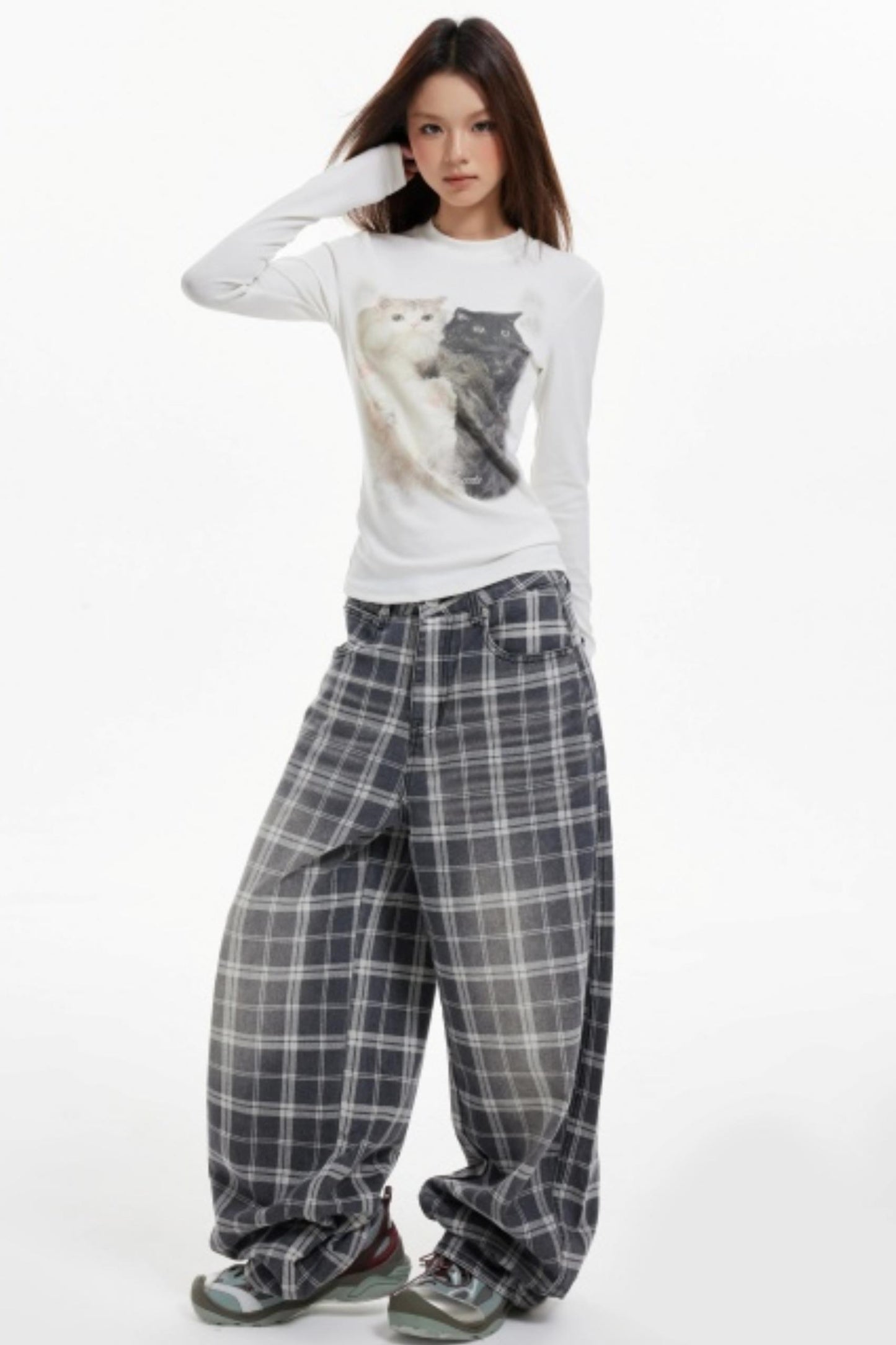 Cat Print Slim Knit Base Top