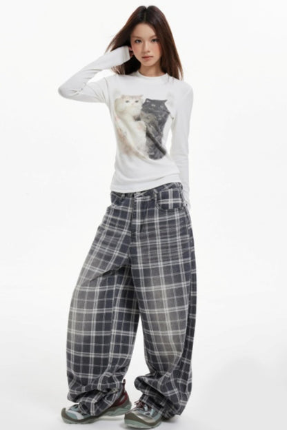 Cat Print Slim Knit Base Top